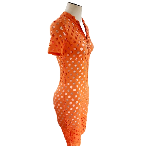 Orange Fishnet Zip Front Romper Size Small - Picture 3 of 5